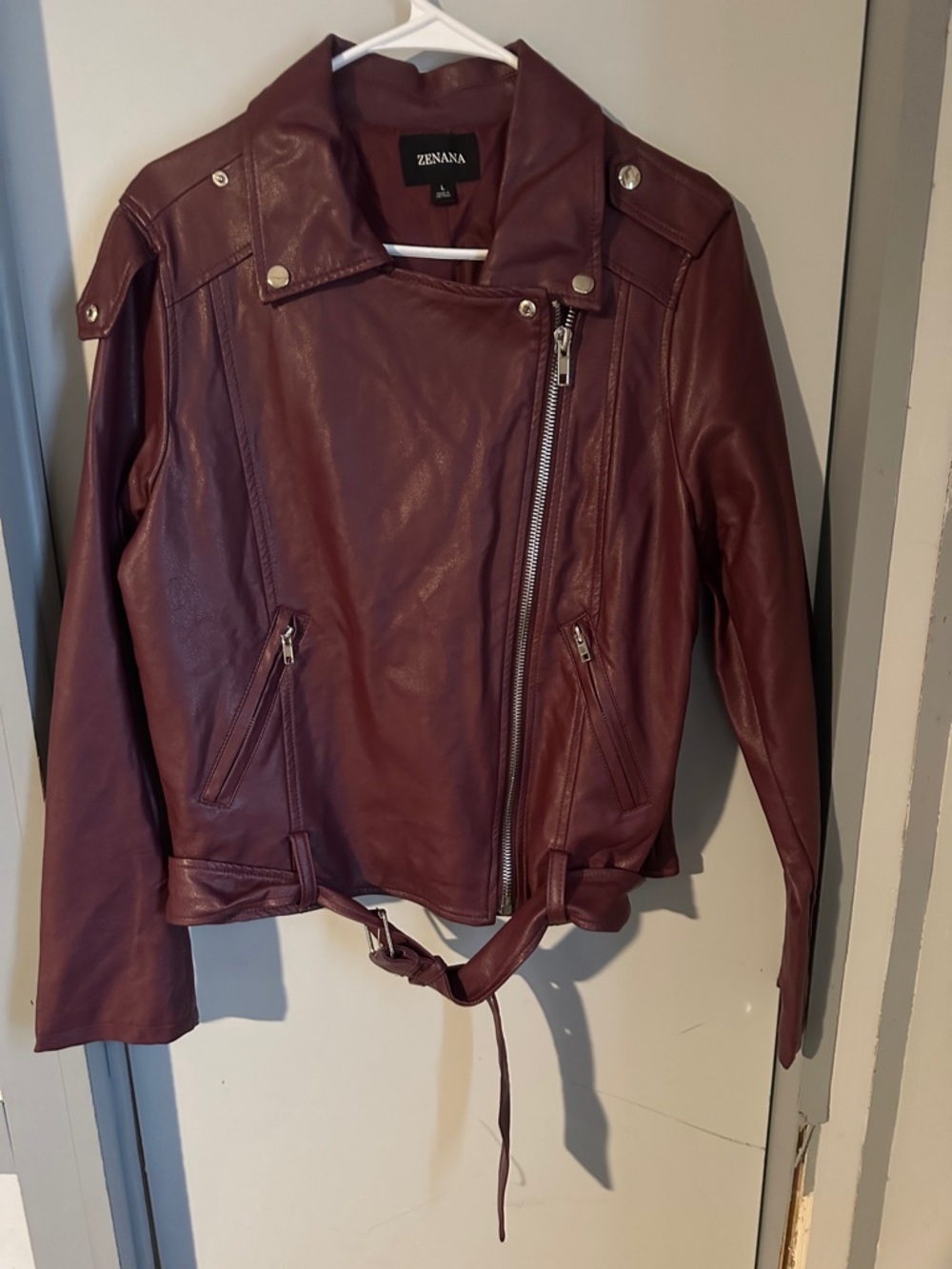 Zenana Outfitters Wine Faux Leather Moto Jacket